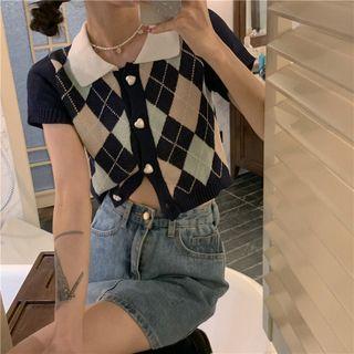 Short-sleeve Argyle Knit Top Black - One Size