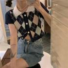Short-sleeve Argyle Knit Top Black - One Size