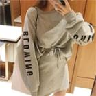 Set: Lettering Pullover + Band-waist Mini Skirt Gray - One Size