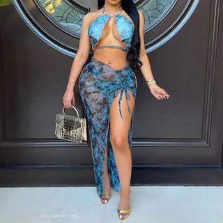Set: Patterned Cropped Halter Top + Maxi Pencil Skirt