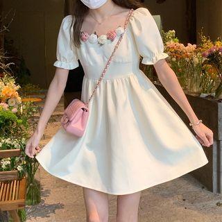 Puff-sleeve Flower Accent Mini A-line Dress