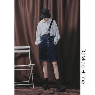 High-waist Asymmetric Denim Shorts With Suspender
