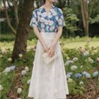Set: Elbow-sleeve Flower Print Blouse + Maxi A-line Skirt