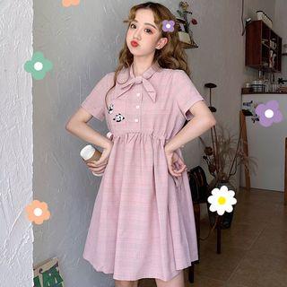 Plaid Tie Neck Short-sleeve A-line Dress
