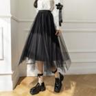High-waist Asymmetrical Hem Mesh Maxi Skirt