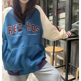 Long-sleeve Printed Color-block Hooded Zip Jacket