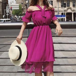 Short-sleeve Cold Shoulder A-line Chiffon Dress
