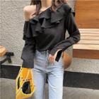 Ruffle Trim Asymmetric Shoulder Blouse Black Shirt - One Size