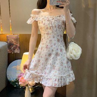 Off-shoulder Floral Print Ruffled A-line Dress Set Of 2 - Shirt & Shorts - Pink - One Size