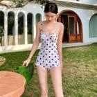 Spaghetti Strap Dotted Swimsuit / Cover-up Jacket / Set