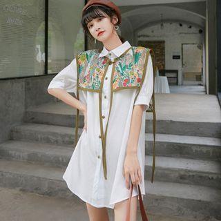 Set: Puff-sleeve Shirt + Floral Embroidered Shawl