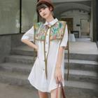 Set: Puff-sleeve Shirt + Floral Embroidered Shawl
