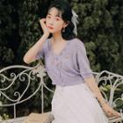 V-neck Elbow-sleeve Knit Top / Midi A-line Skirt