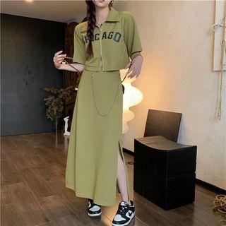 Short-sleeve Collar Lettering Zipped T-shirt / Midi Pencil Skirt
