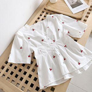 Cherry Embroidered V-neck Slim-fit Short-sleeve Blouse White - One Size