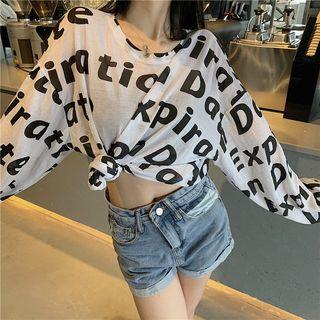 Long-sleeve Letter Sheer T-shirt As Shown In Figure - One Size