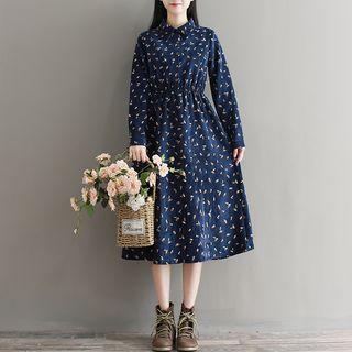 Long-sleeve Leaf Print Corduroy A-line Shirt Dress