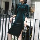Crochet Trim Corduroy Elbow-sleeve Slit Qipao