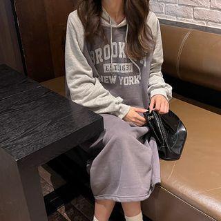 Long-sleeve Color-block Lettering Hooded Dress