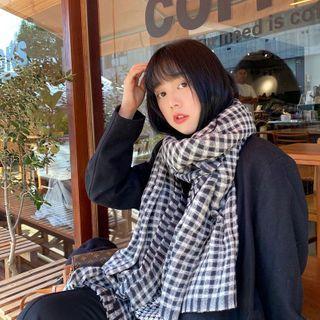 Plaid Fringe Scarf Plaid - Black & White & Gray - One Size