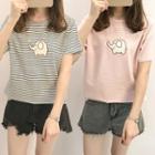 Elephant Embroidered Striped Short Sleeve T-shirt