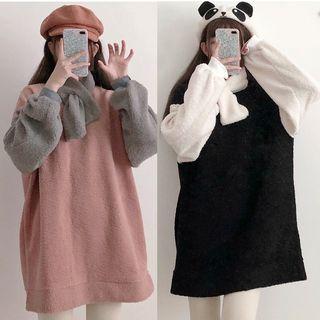 Two-tone Sweatshirt Midi Dress With Scarf