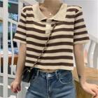 Short-sleeve Striped Cropped Polo Knit Top