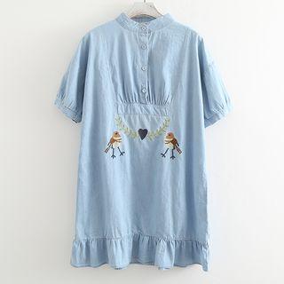 Bird Embroidered Short-sleeve Denim Dress