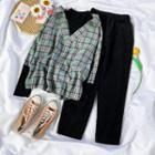 Mock-neck Plaid Shirt / Corduroy Harem Pants