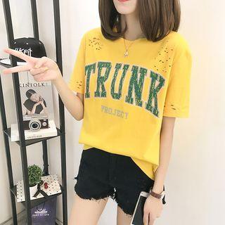 Short-sleeve Lettering Slashed T-shirt