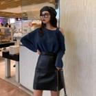 Long-sleeve Cold Shoulder T-shirt / Faux Leather Skirt