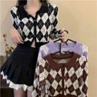 Long-sleeve Argyle Cropped Knit Top Black - One Size