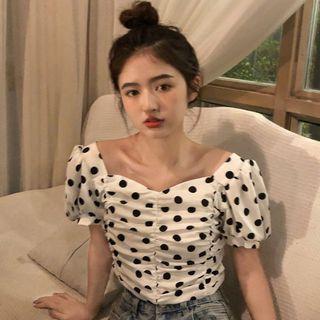 Short-sleeve Dot Print Blouse Black Dots - White - One Size