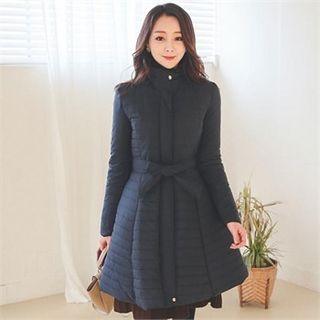 High-neck A-line Padded Jacket With Sash