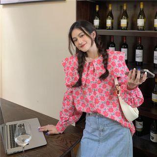 Long-sleeve Wide Collar Floral Print Blouse Rose Pink - One Size