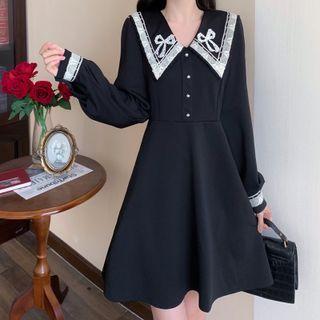 Long-sleeve Contrast Trim Collar A-line Dress