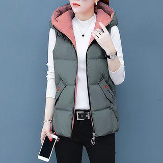 Reversible Feather Print Hooded Padded Zip Vest