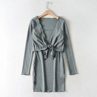 Set: Wrap Cropped Light Jacket + Spaghetti Strap Mini Sheath Dress