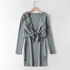 Set: Wrap Cropped Light Jacket + Spaghetti Strap Mini Sheath Dress