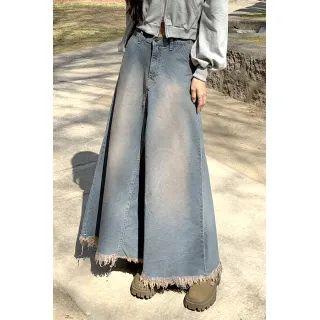 Fringed Washed Maxi Denim Skirt Blue - One Size