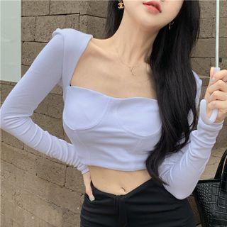Long Sleeve Square Neck Plain Crop Top