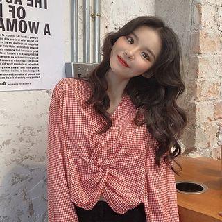 Puff-sleeve Twisted Plaid Top