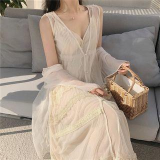Spaghetti-strap Midi Chiffon Dress / Sleeveless Lace Trim Mesh Dress / Chiffon Jacket