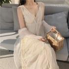 Spaghetti-strap Midi Chiffon Dress / Sleeveless Lace Trim Mesh Dress / Chiffon Jacket