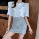 Short-sleeve Pocket T-shirt / Drawstring Mini Pencil Skirt