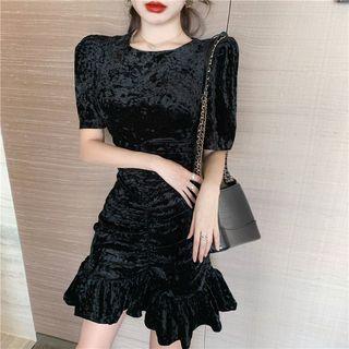 Puff-sleeve Ruffled Velvet Dress