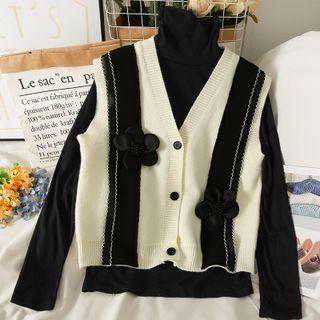 Set: Colorblock Flower-accent Button-up Knit Vest + High-neck Plain Top
