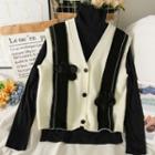 Set: Colorblock Flower-accent Button-up Knit Vest + High-neck Plain Top