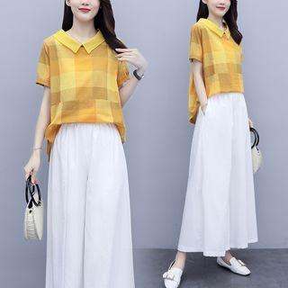 Set: Short-sleeve Check Blouse + Wide Leg Pants
