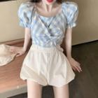 Gingham Puff-sleeve Cropped Blouse / High-waist Shorts